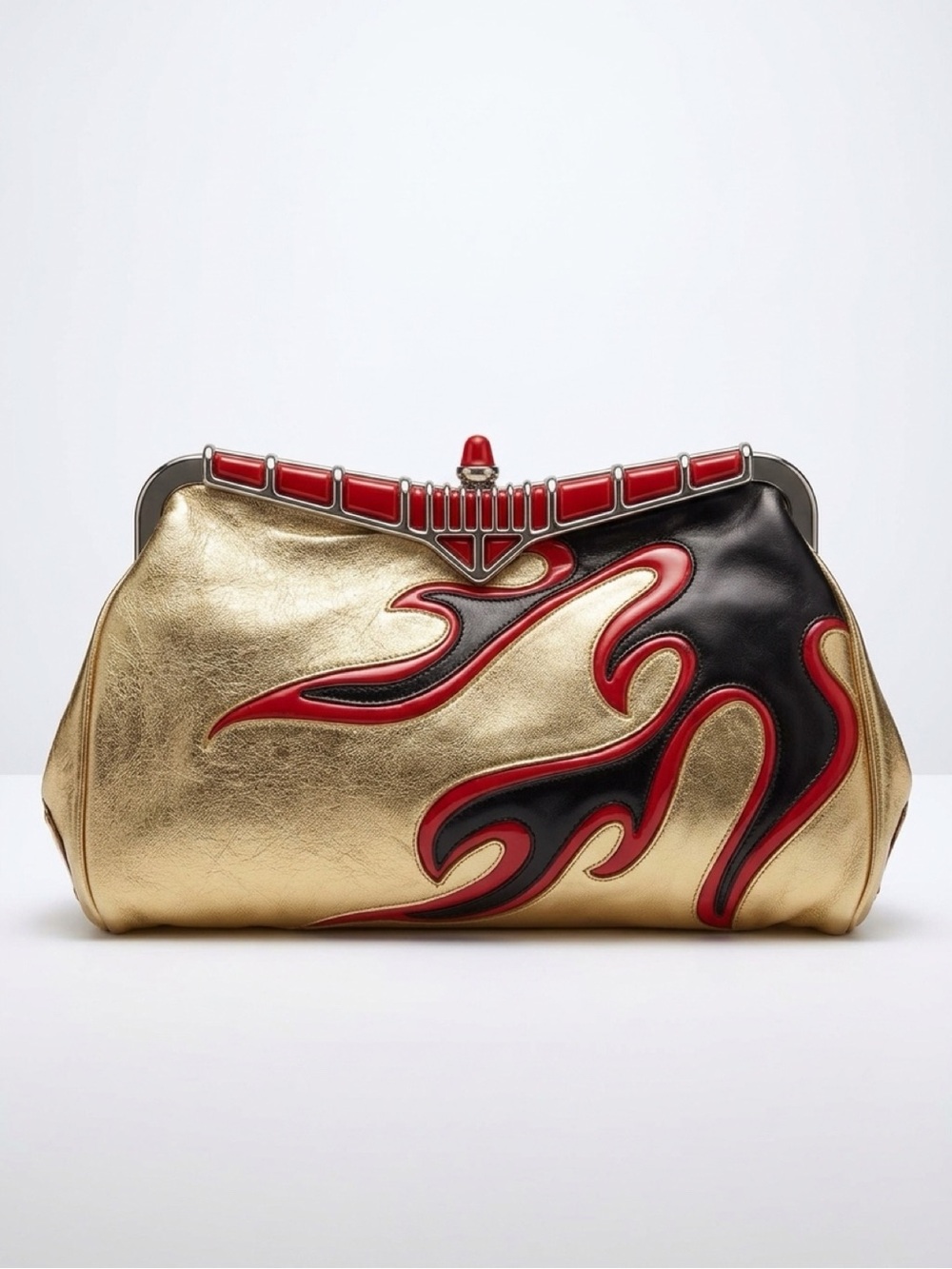 Prada 2012 Iconic 50s Hot Rod Gold Leather Clutch, chrome details, flames, GUC